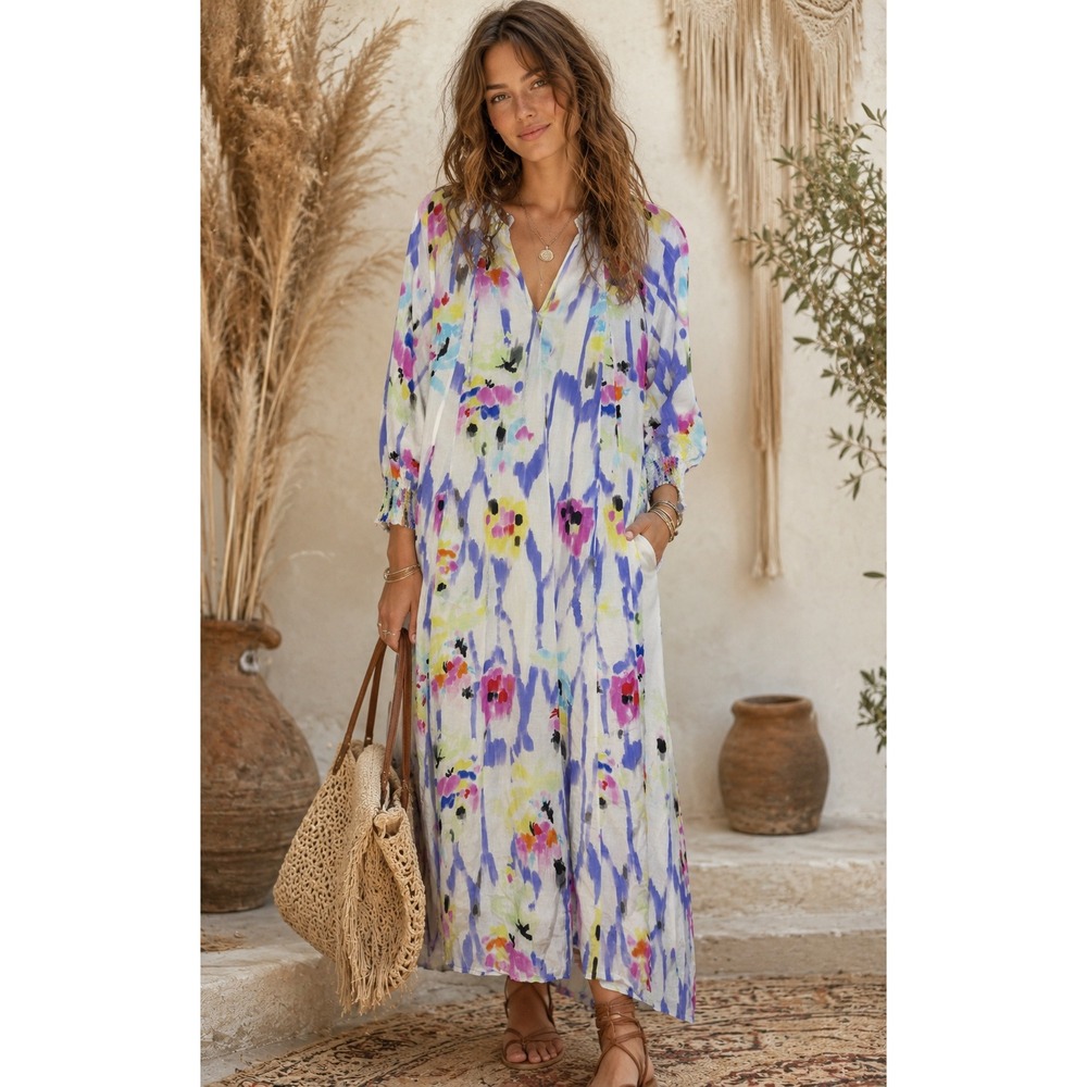 Maria Cher Abstract Ikat Cotton Silk Boho Maxi Dress Multi-Color Smocked Cuff S